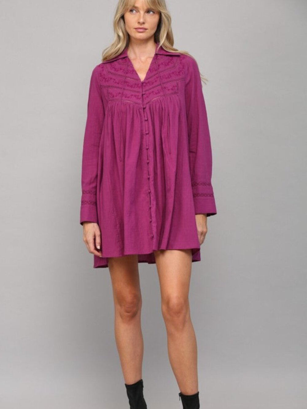 FATE Boho NWT Embroidered Tunic Dress Magenta Fall Button Front S